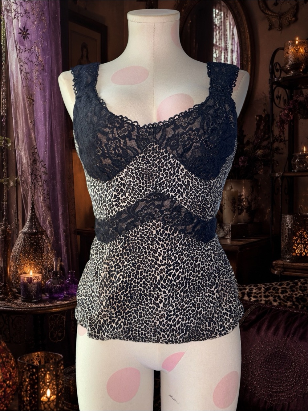 Nanette Lepore Vintage Y2K Black Lace-Trim Leopard Top